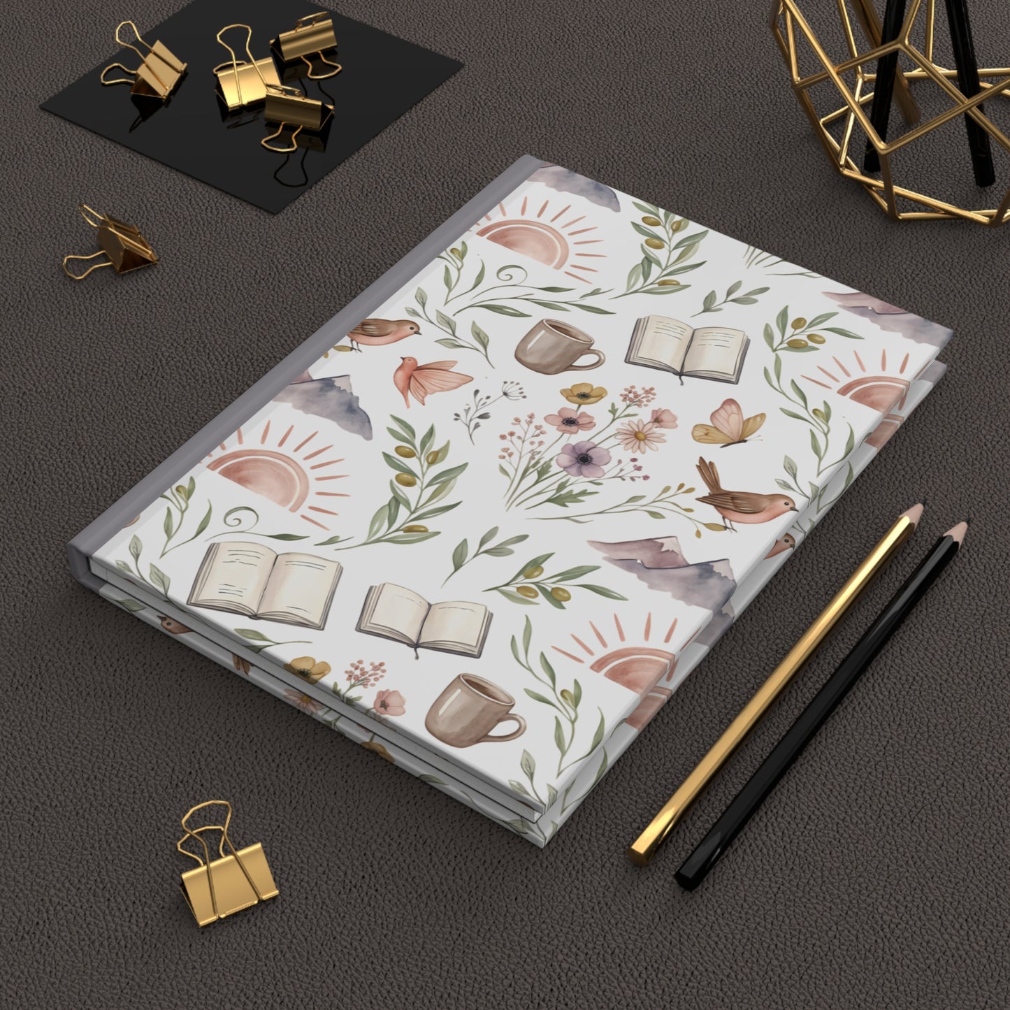 Nature Reading Hardcover Journal — Floral, Mountain & Coffee Pattern Notebook