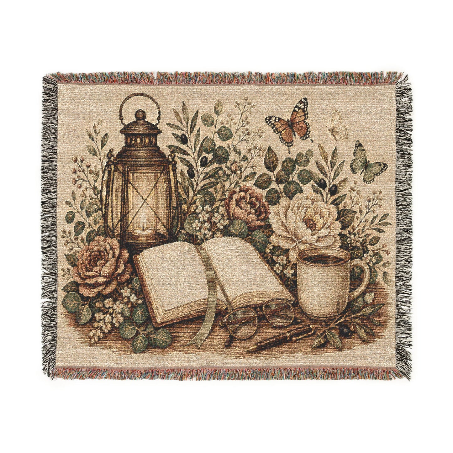 Cozy Reading Woven Throw Blanket — Lantern, Open Book & Floral Tapestry