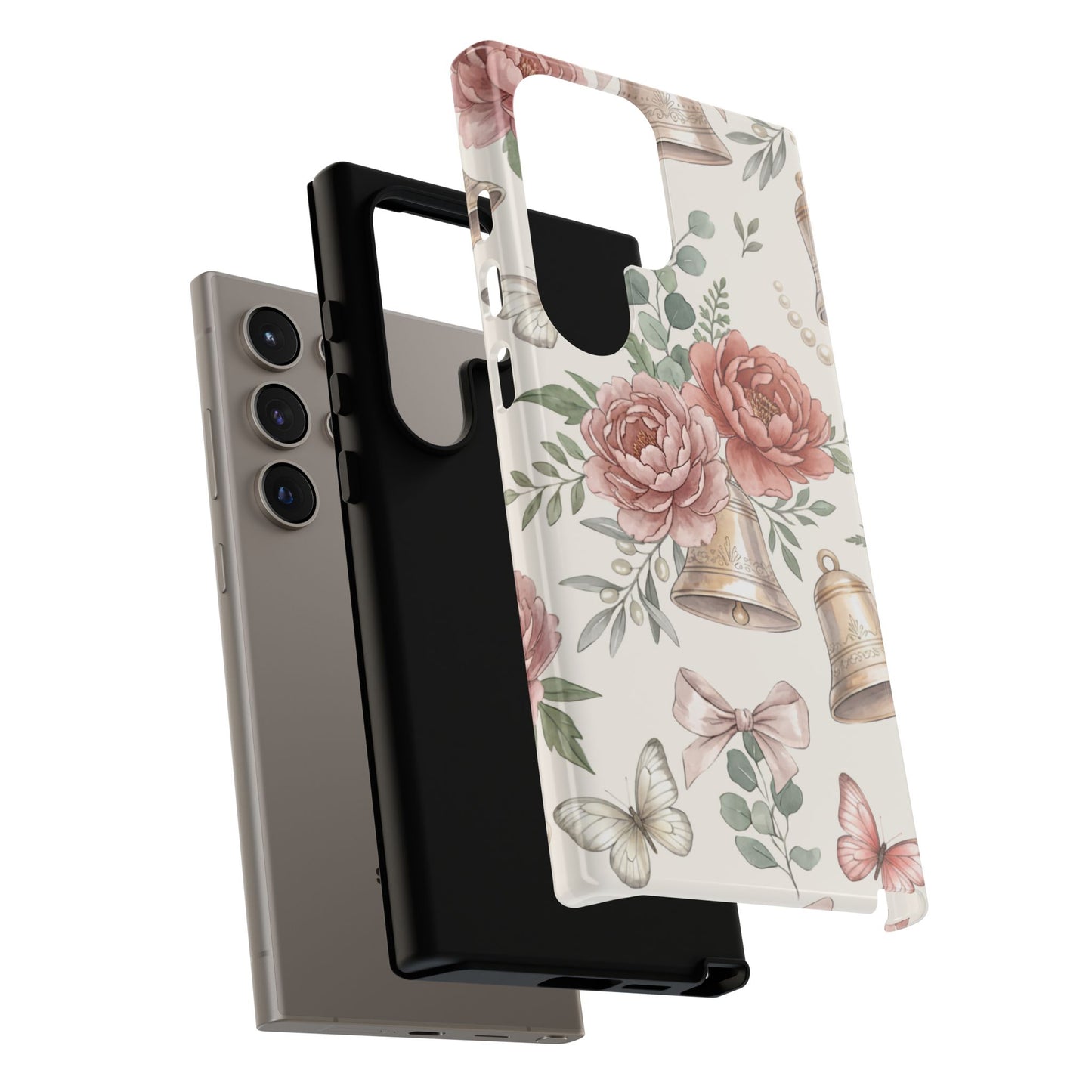 Floral Wedding Bells Phone Case — Vintage Roses, Butterflies & Bow Protective Tough Case