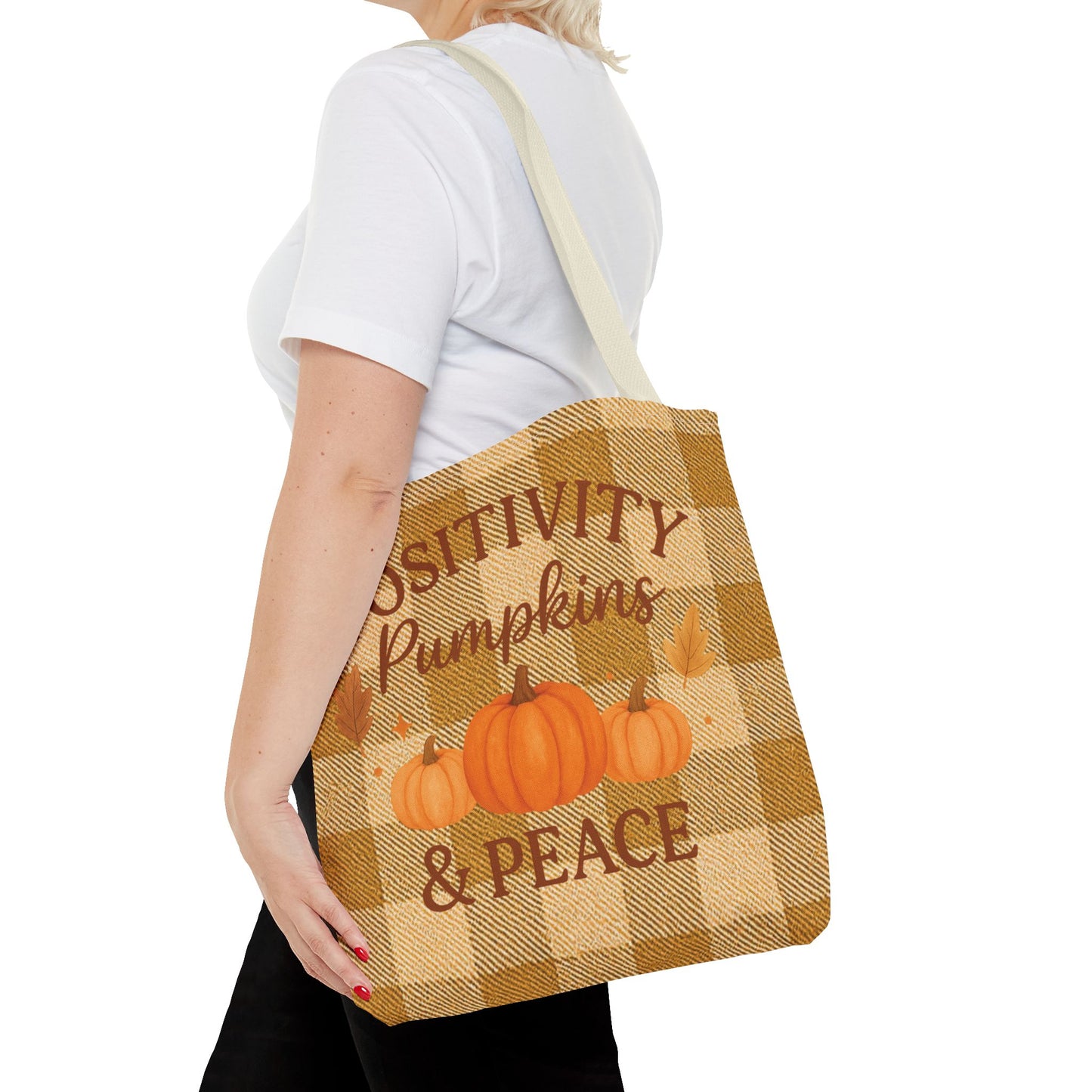 Positivity, Pumpkins & Peace Fall Tote Bag – Autumn Plaid Reusable Shopping & Everyday Carry Bag