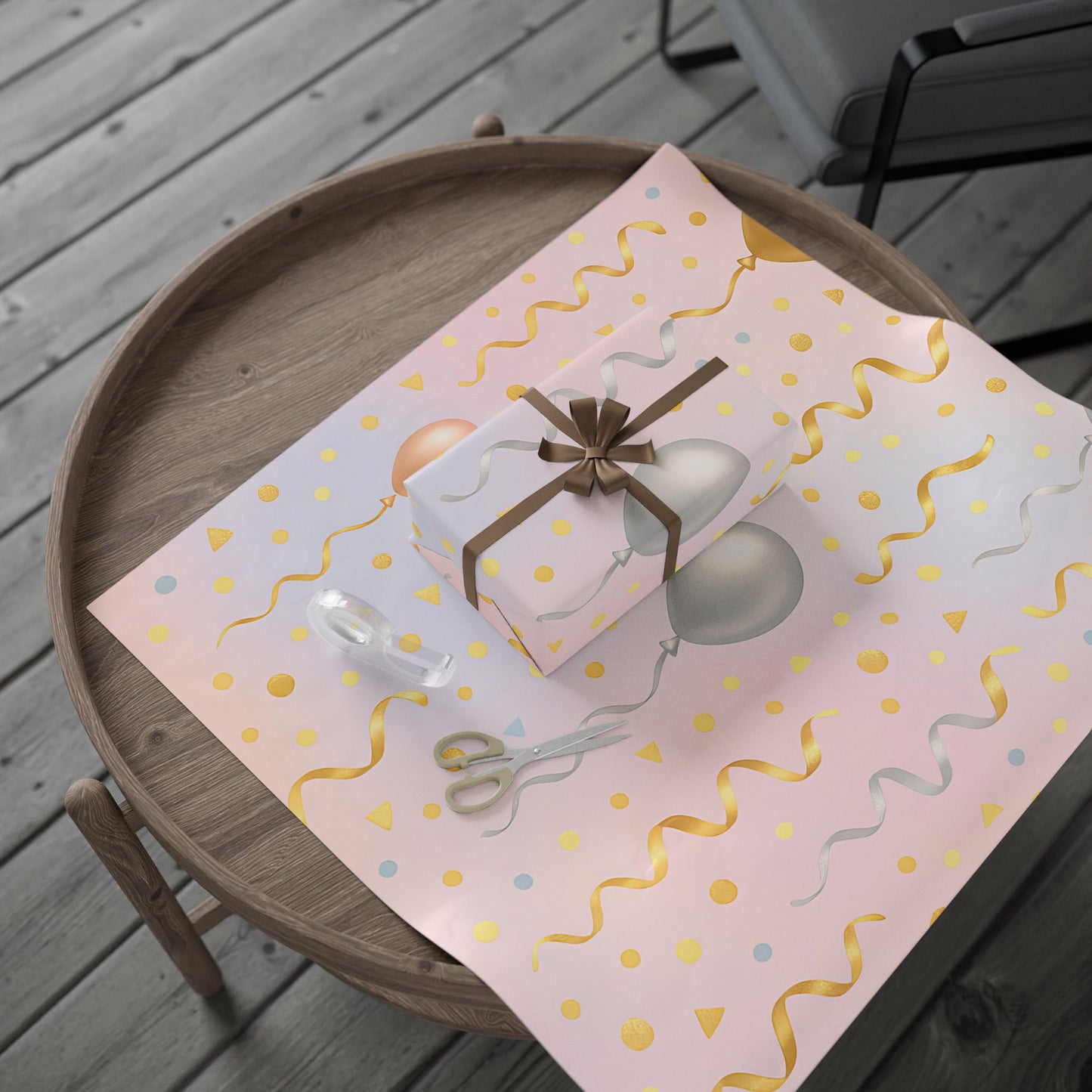 Celebration Balloon Wrapping Paper – Party Gift Wrap with Streamers & Confetti in Glossy or Matte