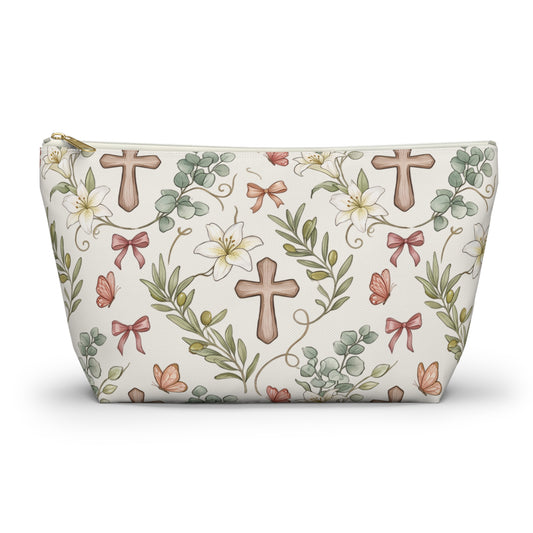 Floral Cross Accessory Pouch — T‑Bottom Makeup & Prayer Keepsake Bag