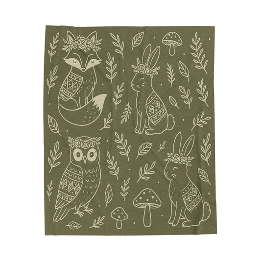 Boho Woodland Animal Velveteen Plush Blanket – Forest Green