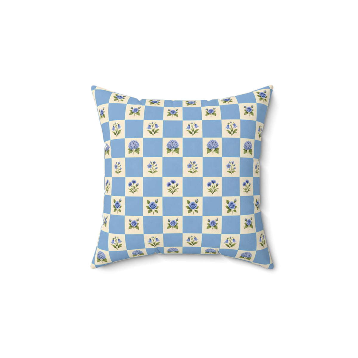 Blue Floral Checkerboard Square Pillow