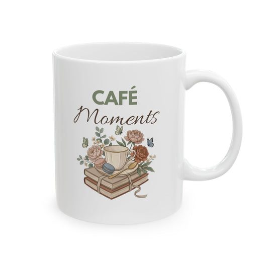 Café Moments Ceramic Coffee Mug – Coffee Lover Gift – Floral Book Lover Coffee Cup – Cozy Café Mug – 11oz & 15oz