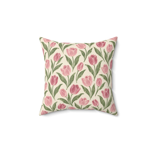 Floral Tulip Throw Pillow — Pink Watercolor Tulip Pattern Decorative Cushion