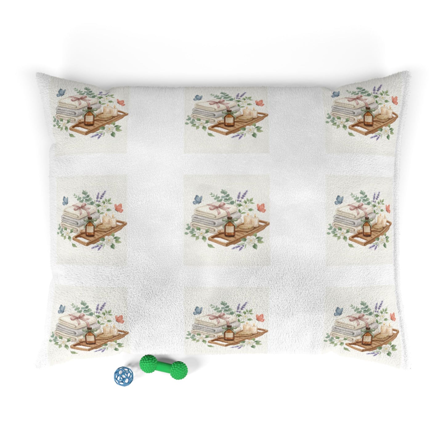 Spa Day Pet Bed – Watercolor Towels & Botanicals Print for Dogs