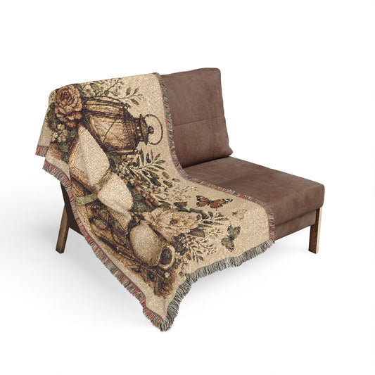 Cozy Reading Woven Throw Blanket — Lantern, Open Book & Floral Tapestry