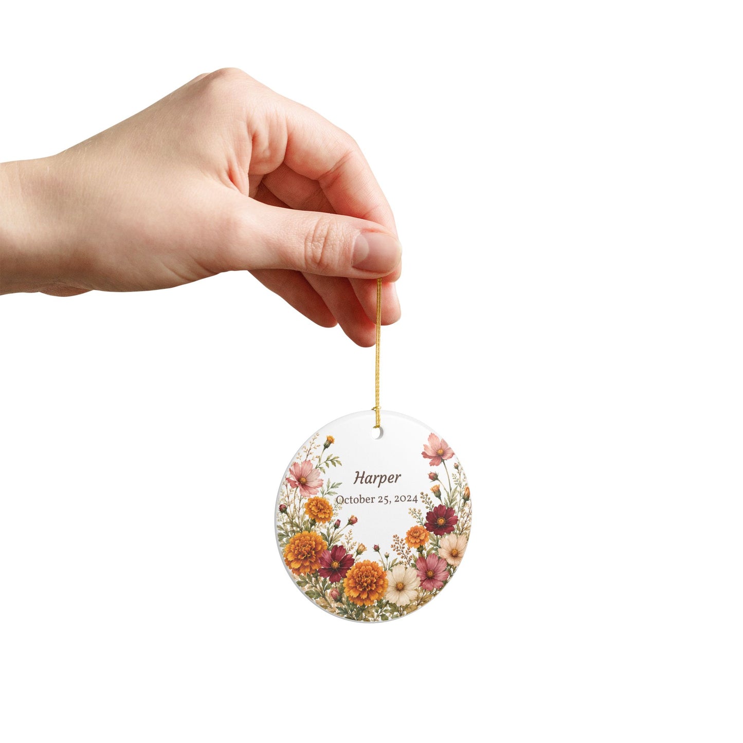 Personalized Floral Name Ceramic Ornament — Custom Name & Date Keepsake