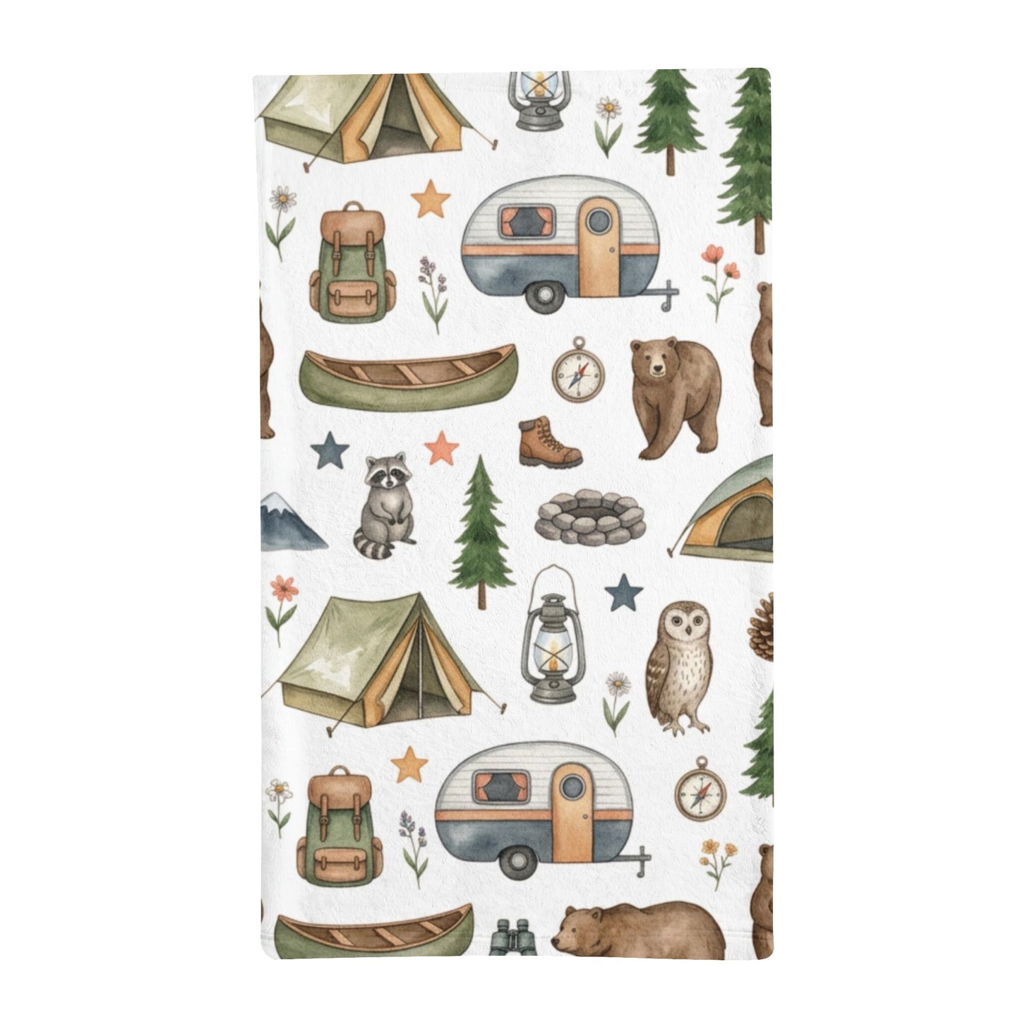 A white minky sleeping bag with a white background and a repeating watercolor-style camping pattern featuring tents, campers, backpacks, trees, stars, animals, and outdoor accessories.