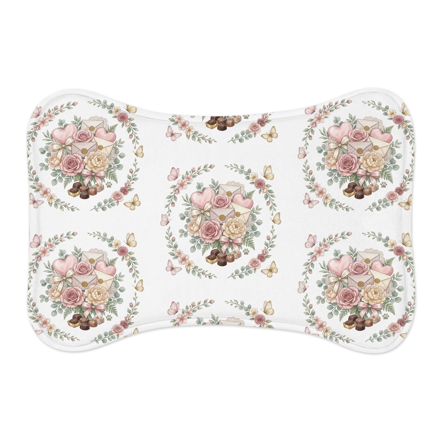 Floral Heart Pet Feeding Mat — Cute Rose & Butterfly Bowl Placemat for Dogs
