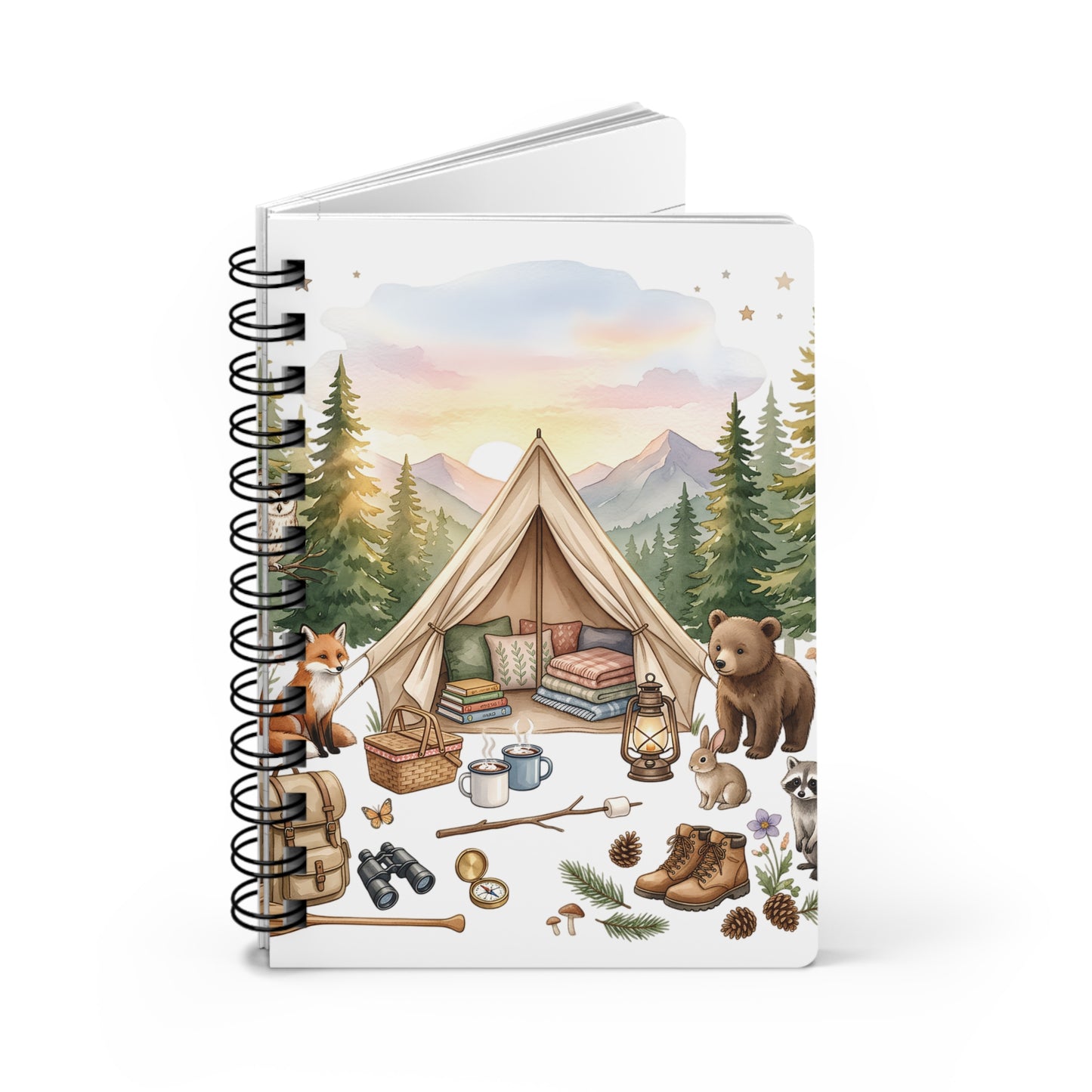 Camping Cozy Spiral Journal — Woodland Tent Adventure Notebook