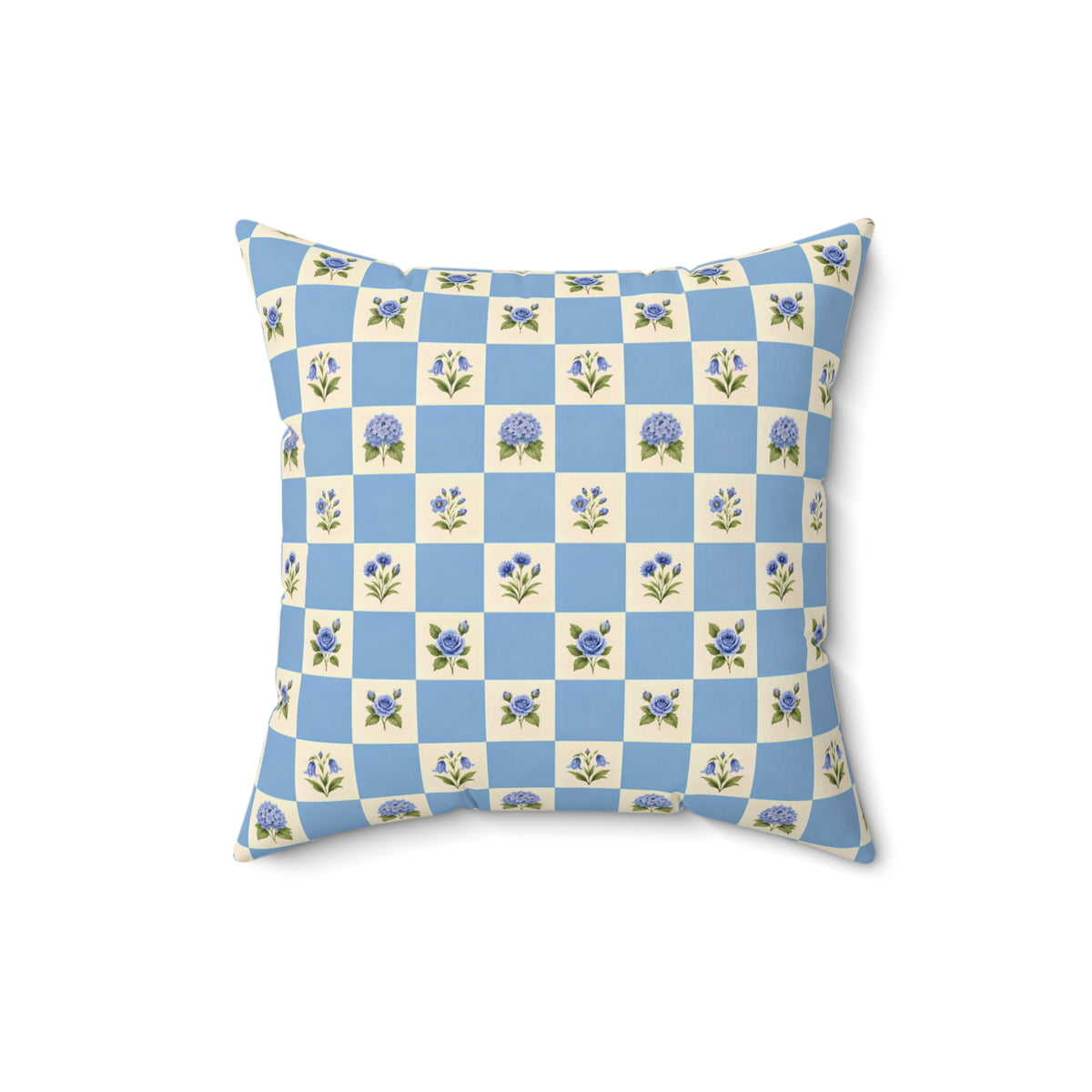 Blue Floral Checkerboard Square Pillow