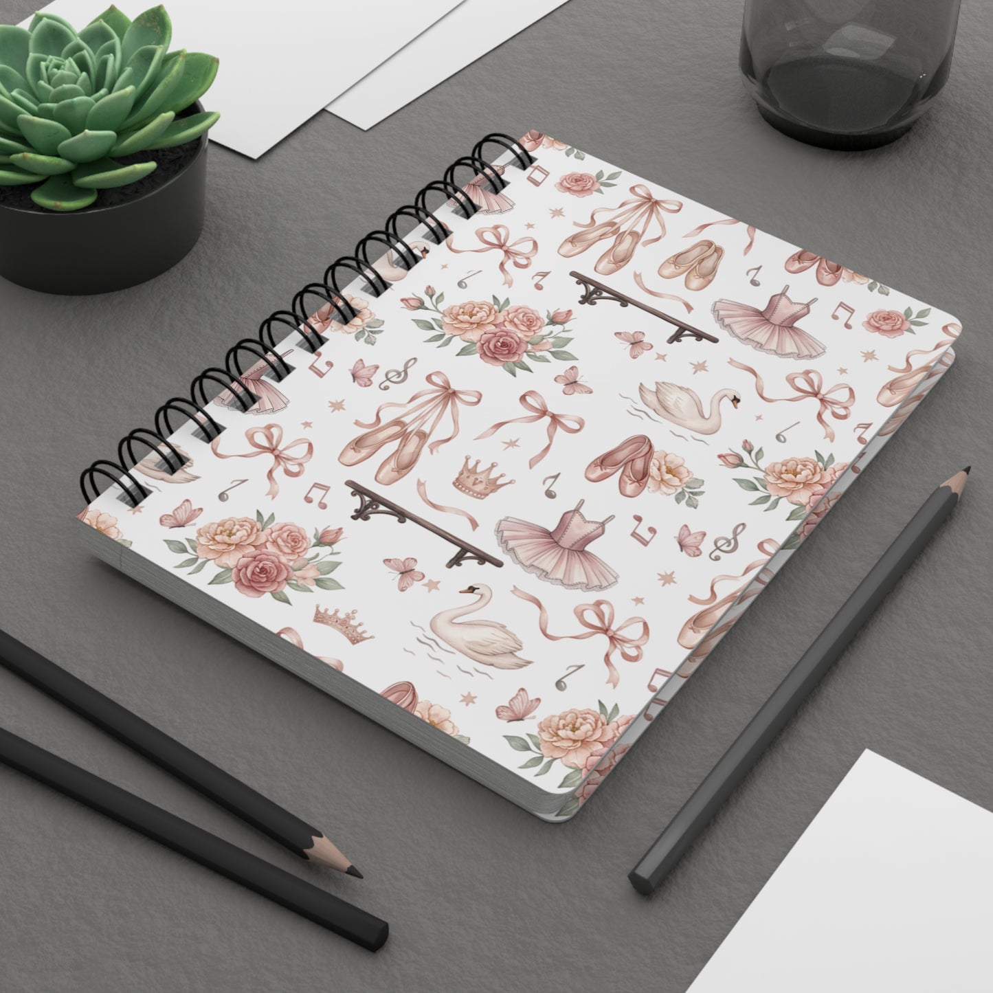 Ballet Dance Spiral Notebook — Cute Pink Tutu, Pointe Shoes & Swan Pattern Journal