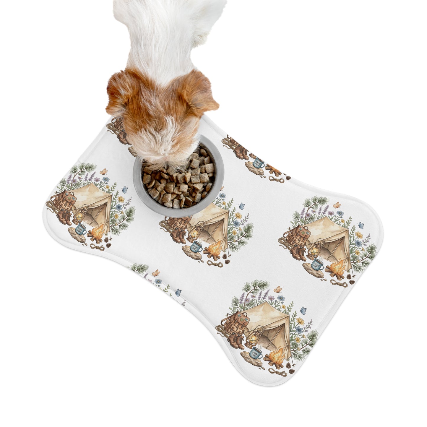 Camping Adventure Pet Feeding Mat — Waterproof Dog Bowl Placemat with Tent & Campfire Design