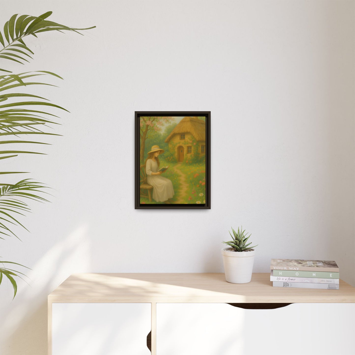 Cottage Garden Reader – Framed Matte Canvas Wall Art of Woman Reading by a Thatched Cottage