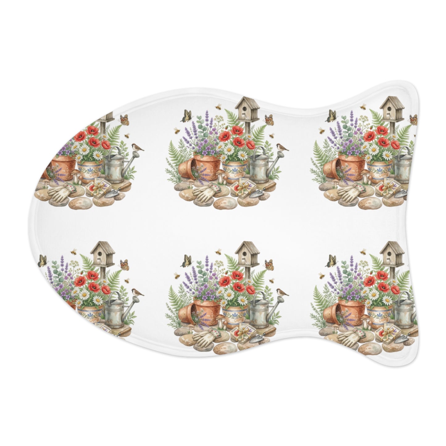 Floral Garden Pet Feeding Mat — Watercolor Birdhouse & Flowers