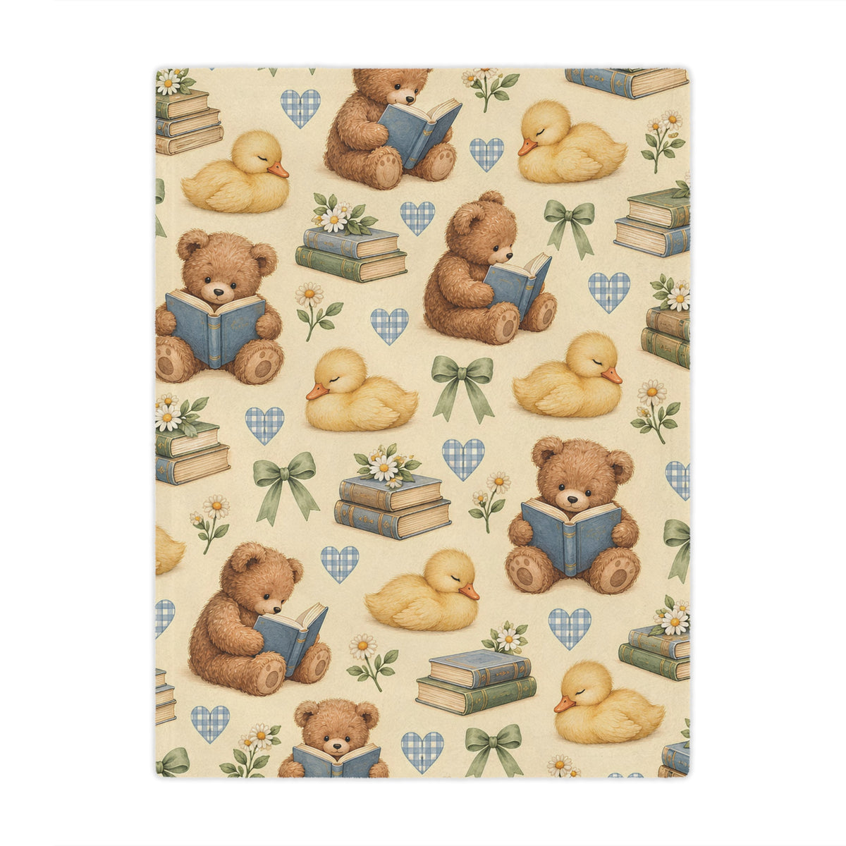 Cute Teddy Bear and Duckling Storytime Minky Blanket