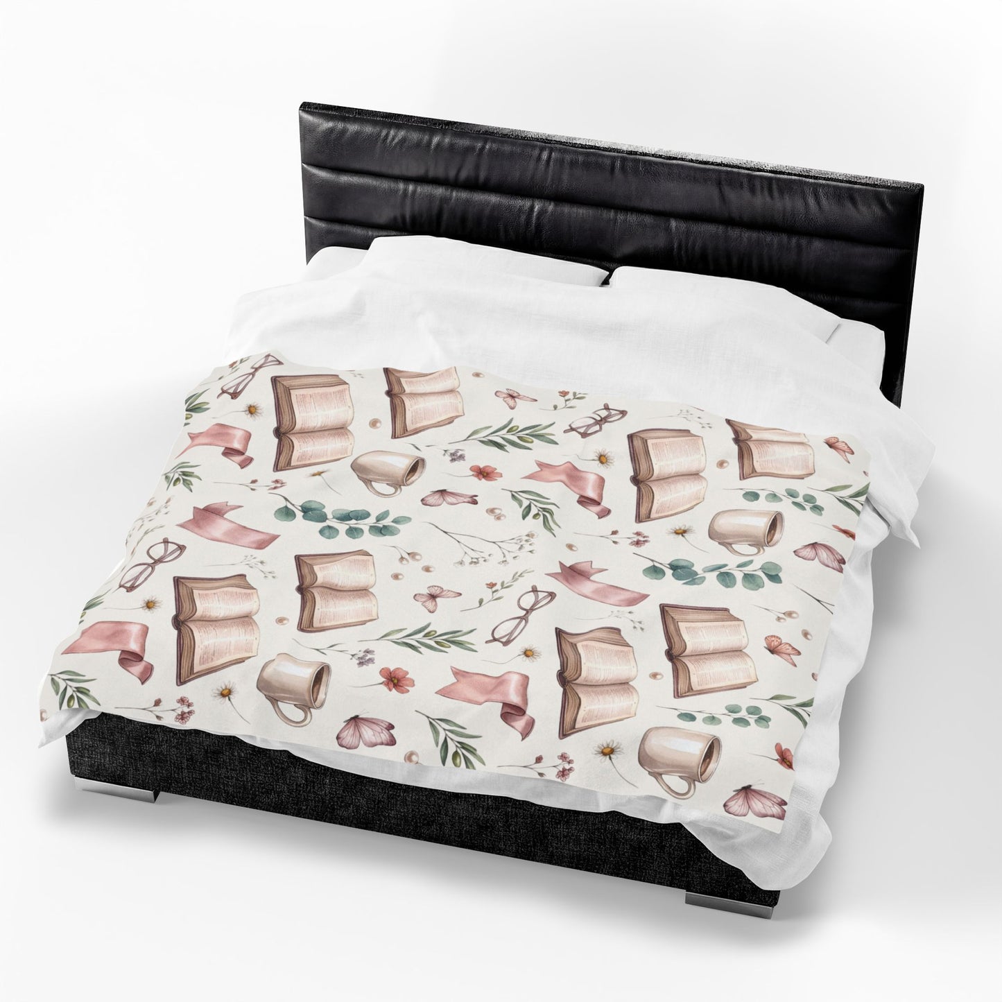 Cozy Reading Velveteen Blanket – Book, Mug & Floral Pattern Plush Throw