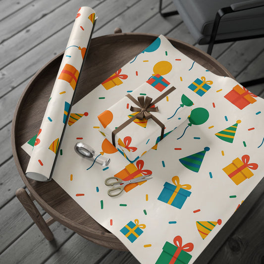 Colorful Birthday Party Wrapping Paper – Balloons, Gifts & Confetti on Cream Background