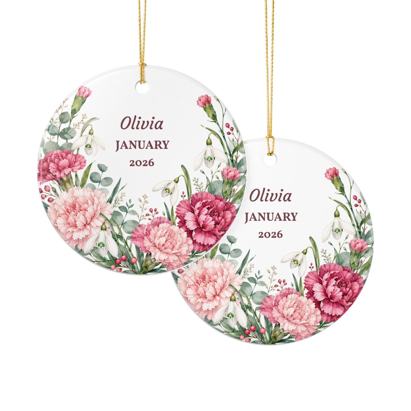 Personalized Floral Ornament — Custom Name & Month Ceramic Keepsake (January)