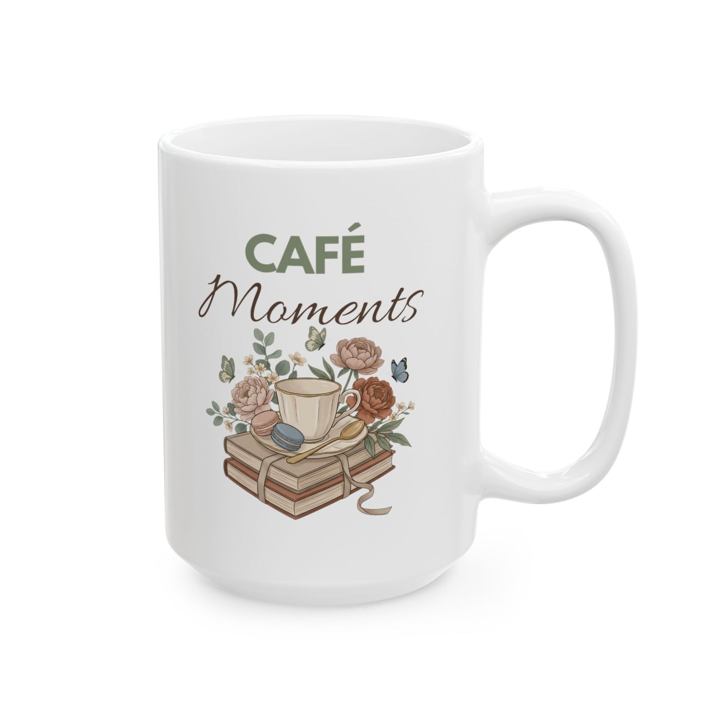 Café Moments Ceramic Coffee Mug – Coffee Lover Gift – Floral Book Lover Coffee Cup – Cozy Café Mug – 11oz & 15oz