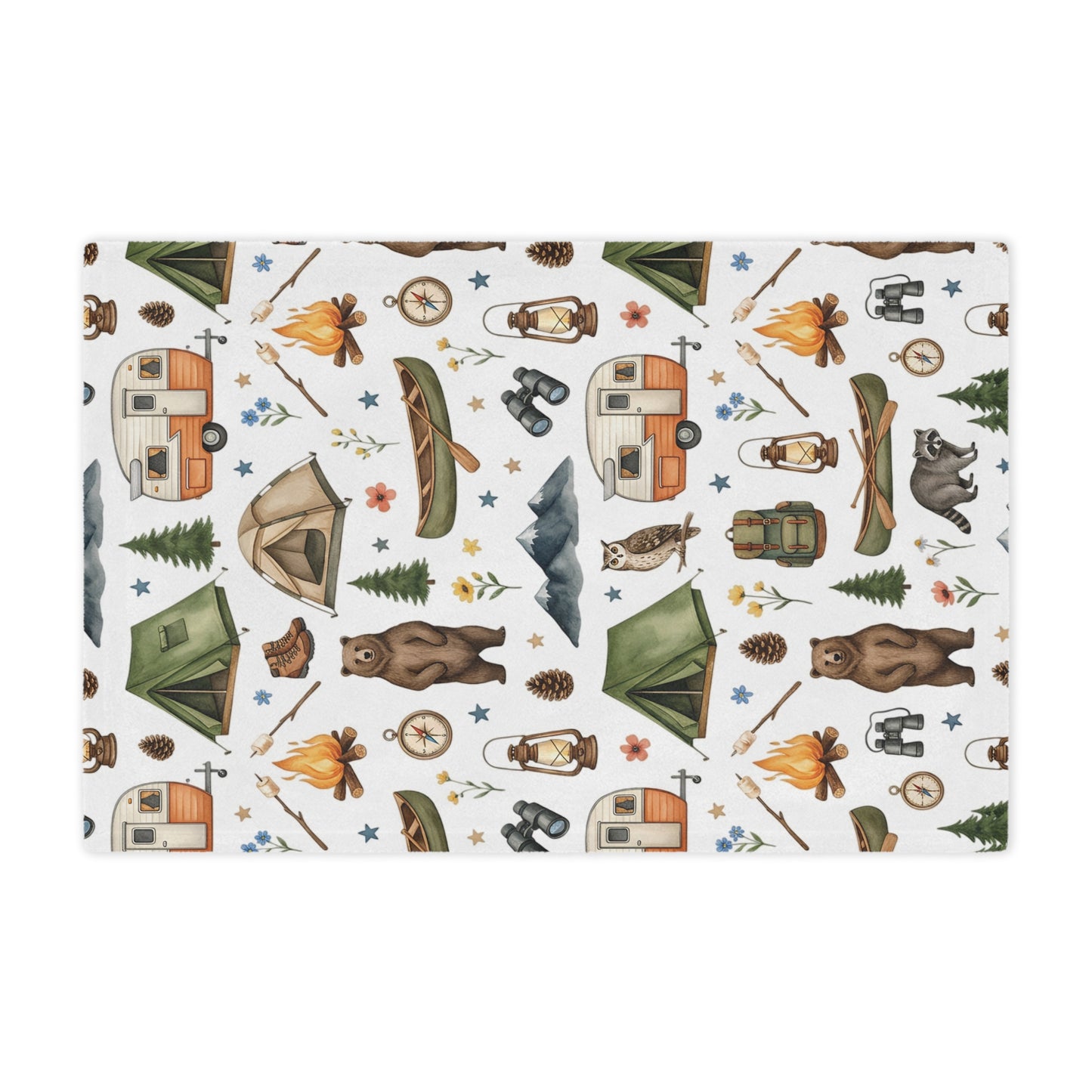 Camping Pattern Minky Blanket — Cozy Outdoor Adventure Throw with Tents, Campfire & Wildlife