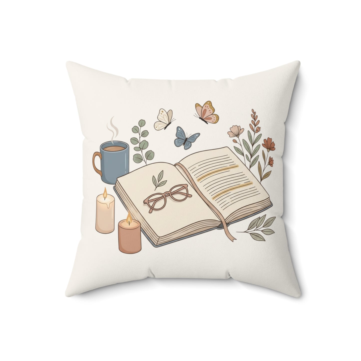 Cozy Reading Pillow — Open Book & Tea Decorative Throw Pillow