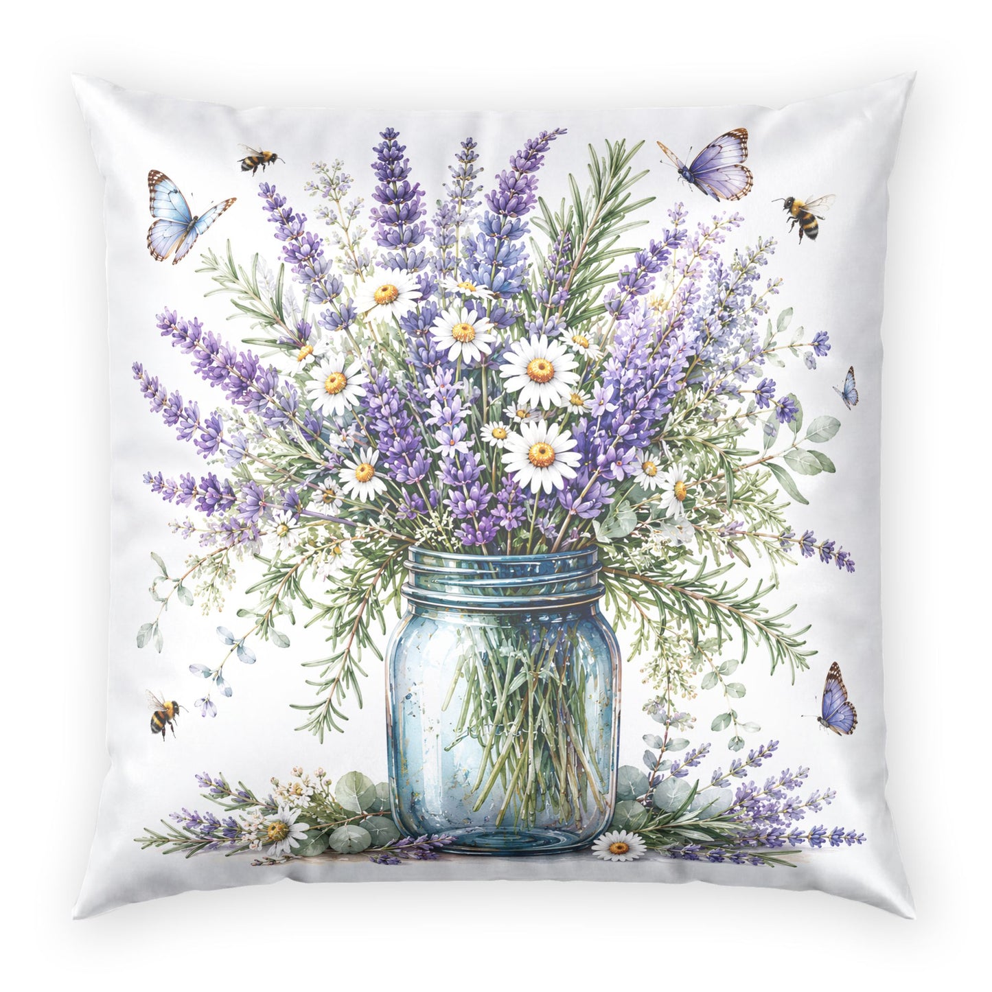 Lavender & Daisies Mason Jar Pillow — Floral Velvet Throw Cushion