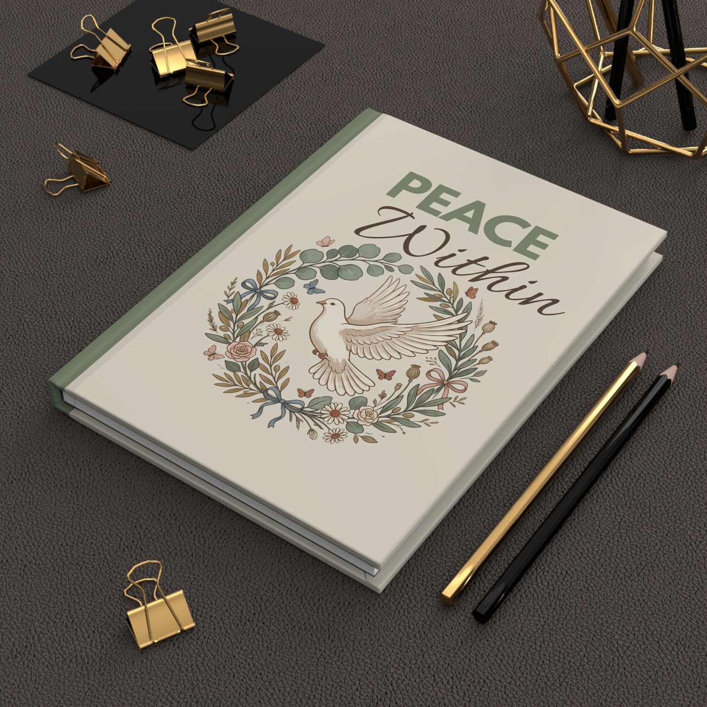 Peace Within Hardcover Journal — Dove & Floral Wreath Inspirational Notebook
