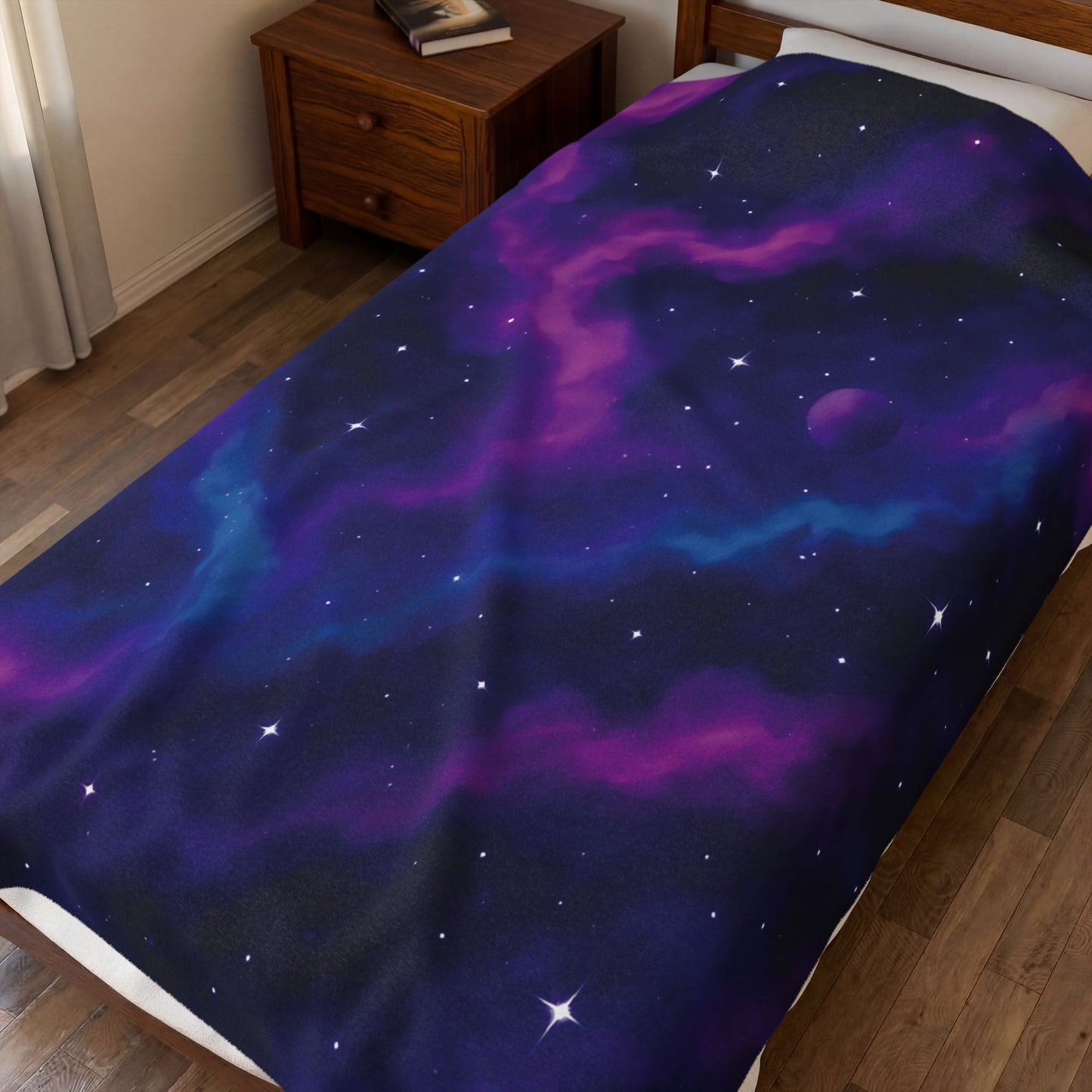 Velveteen Galaxy Plush Blanket – Cosmic Nebula Print in Purple & Blue (Adult Size)