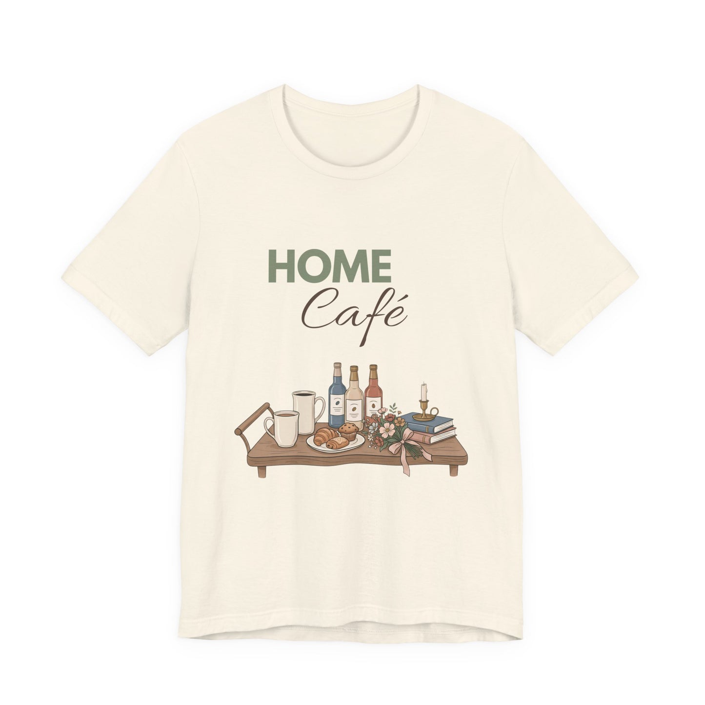 Natural colored t-shirt with 'HOME Café' graphic design on a white background