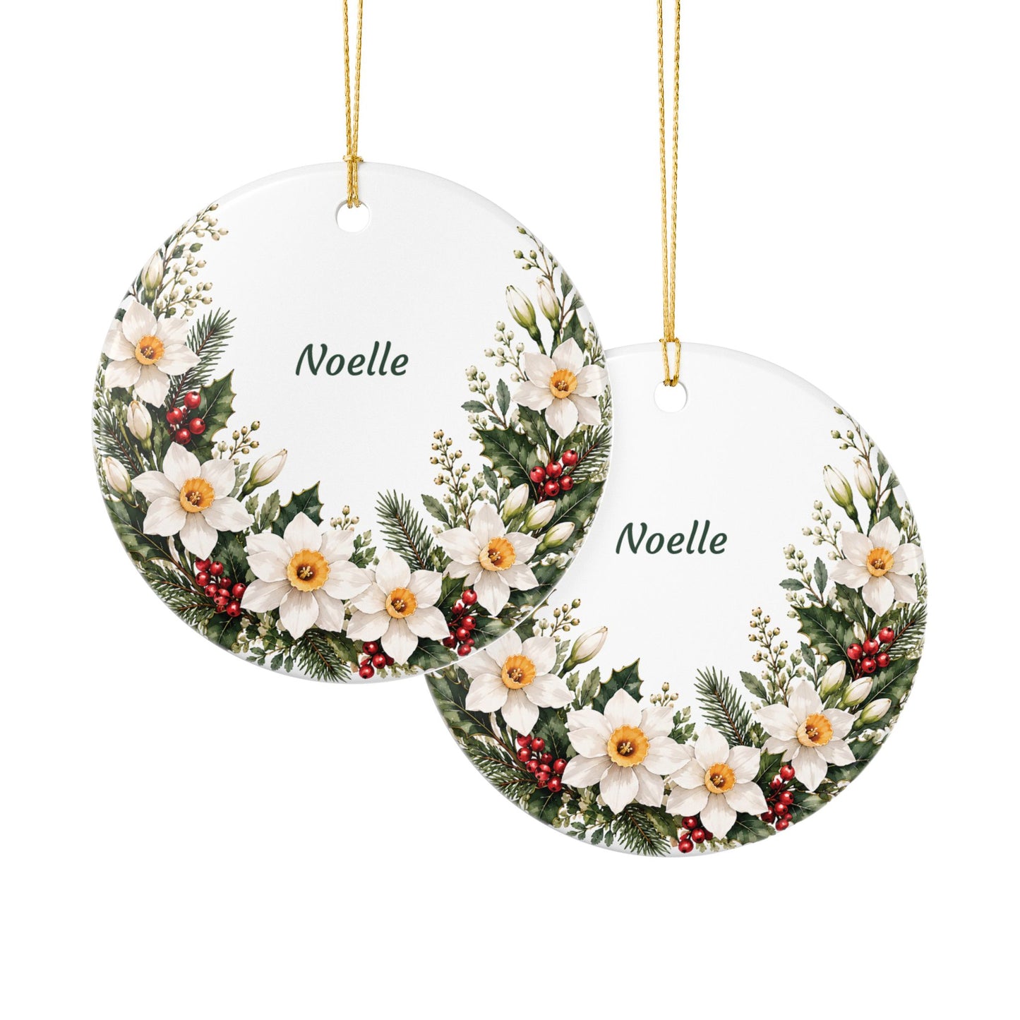 Personalized Ceramic Ornament — White Poinsettia & Berry Holiday Decoration