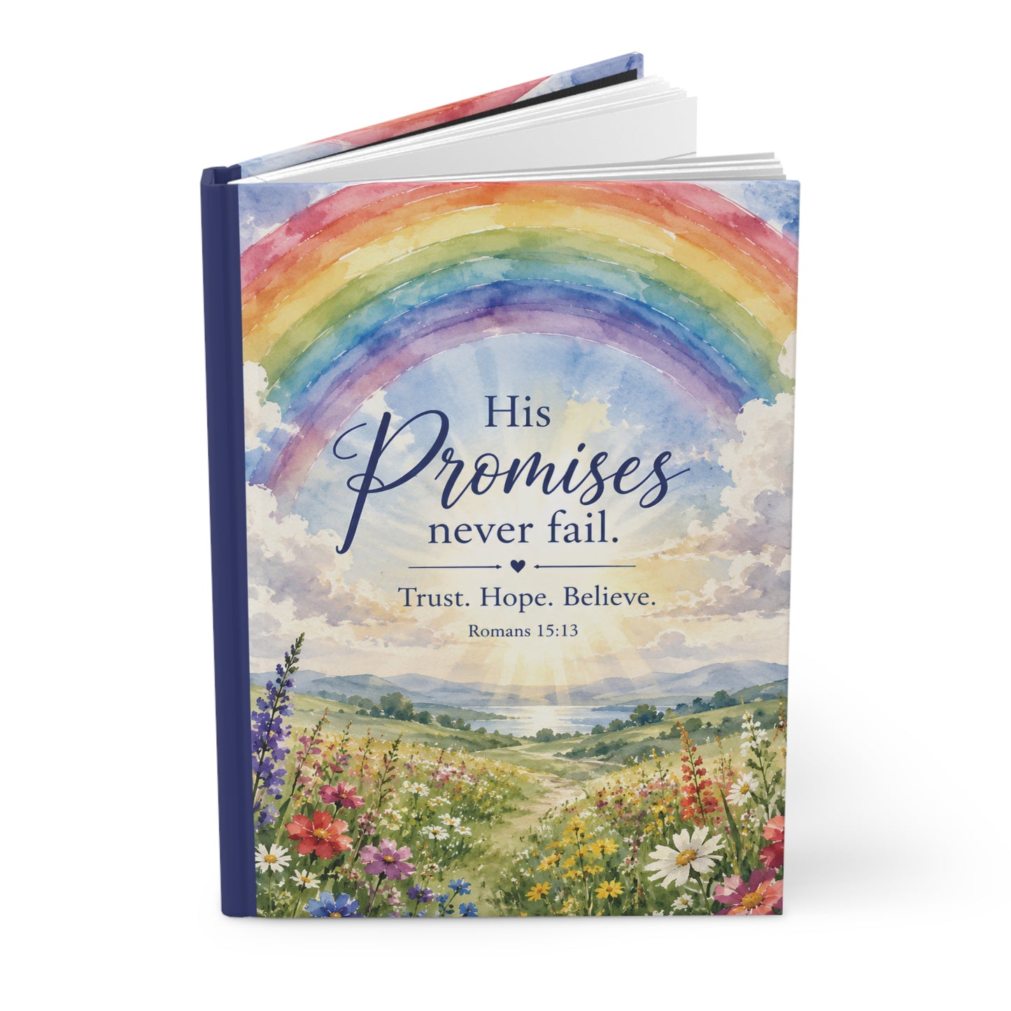 Inspirational Hardcover Journal — "His Promises Never Fail" Christian Rainbow Faith Notebook