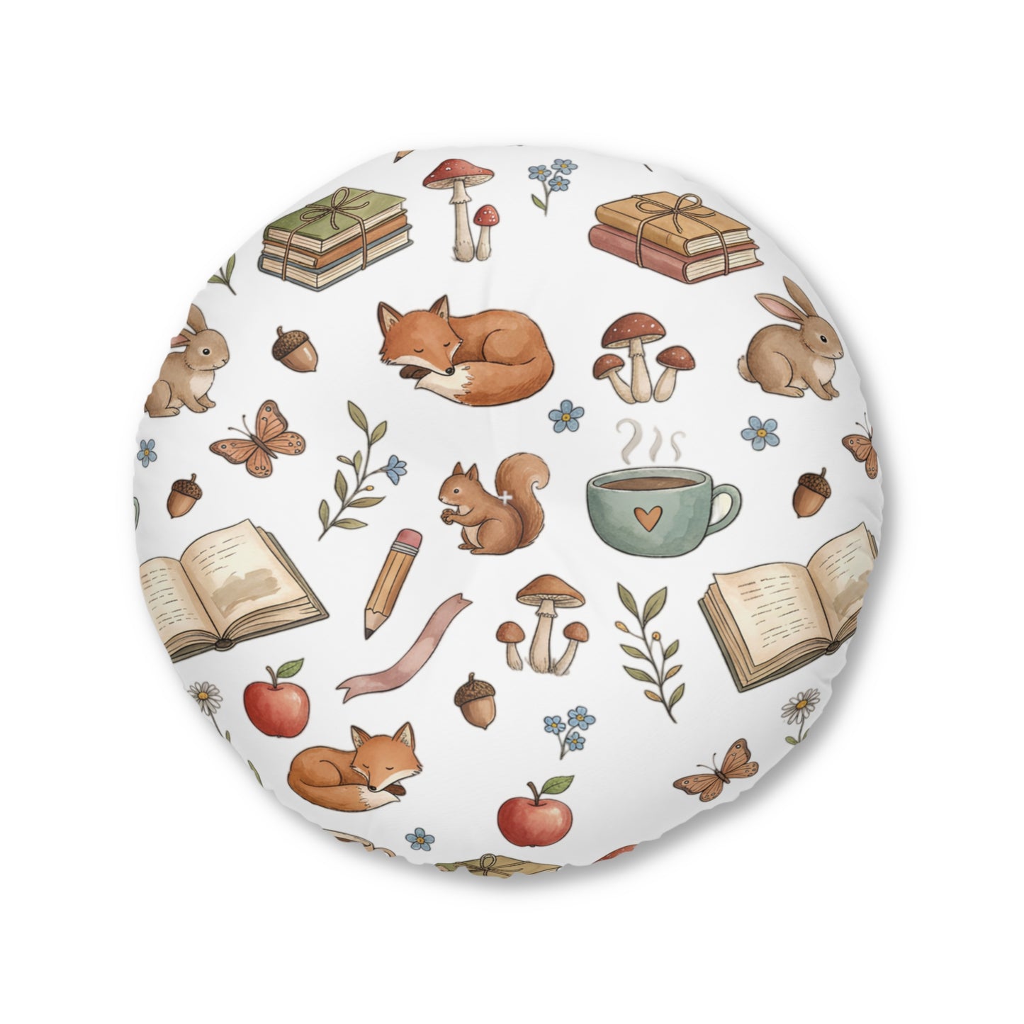 Round Tufted Floor Pillow — Cozy Woodland Reading Pattern