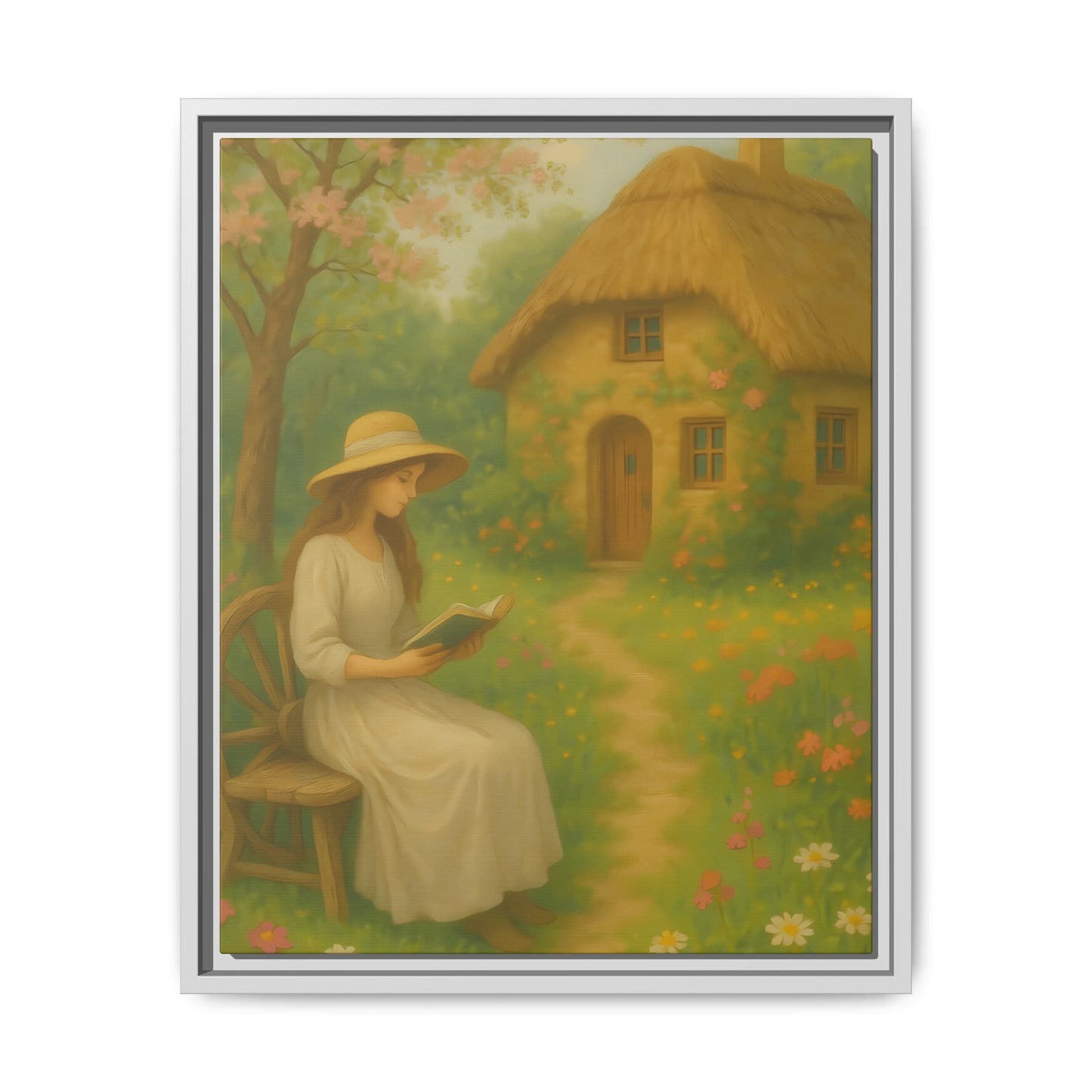 Cottage Garden Reader – Framed Matte Canvas Wall Art of Woman Reading by a Thatched Cottage