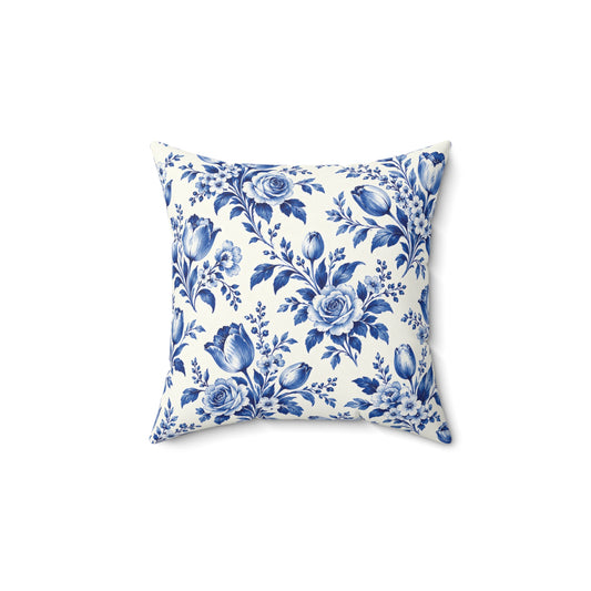 Blue Delft Floral Pillow — Vintage Blue Rose Decorative Throw Pillow