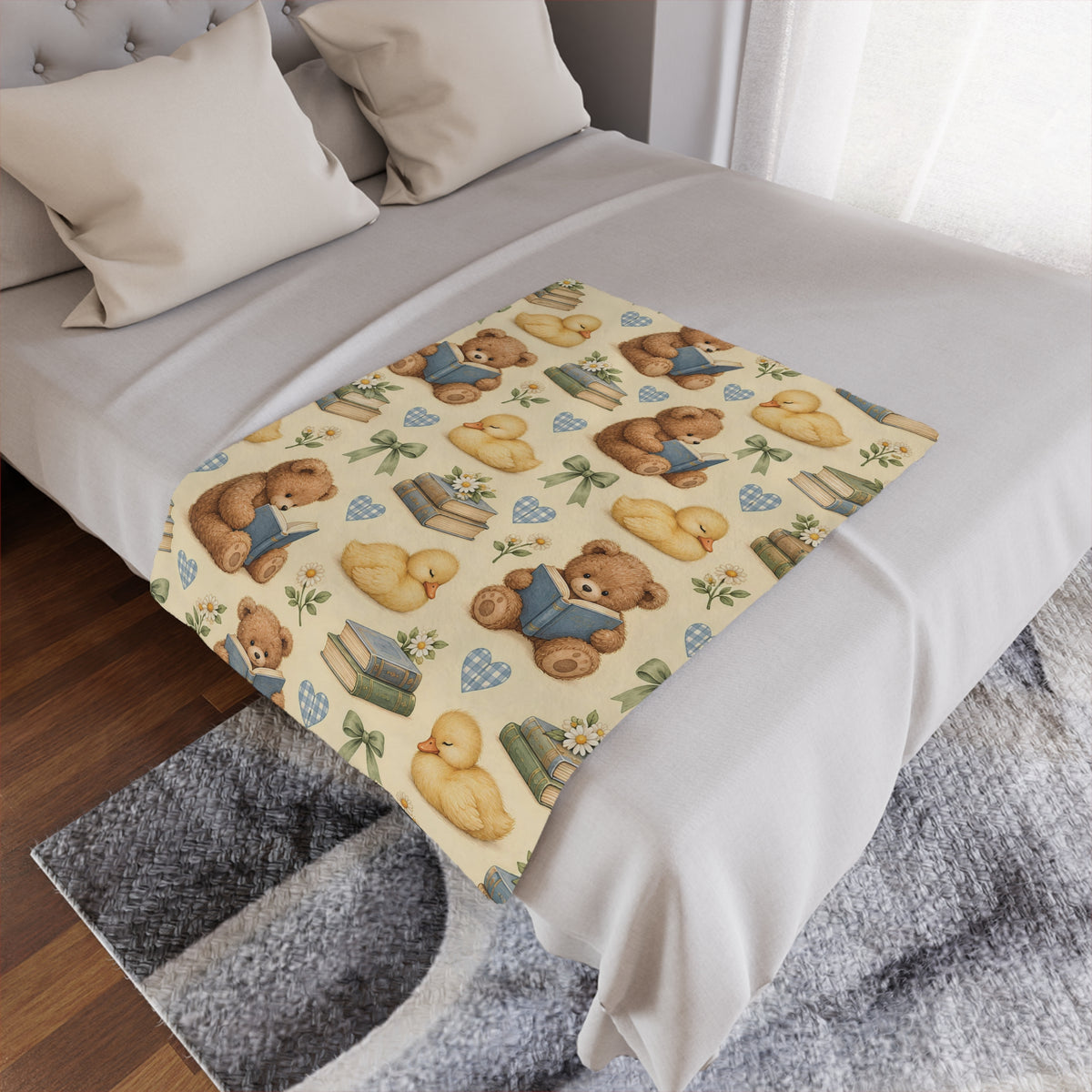 Cute Teddy Bear and Duckling Storytime Minky Blanket