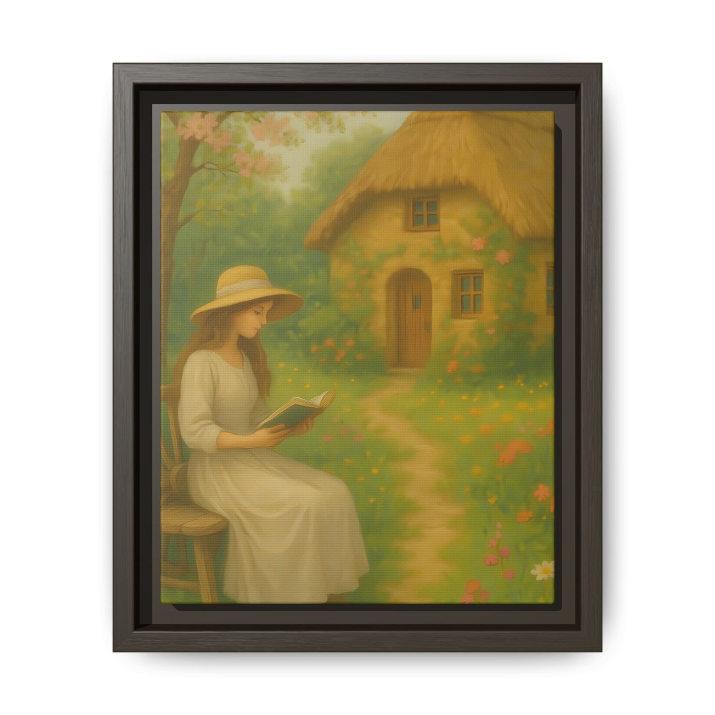 Cottage Garden Reader – Framed Matte Canvas Wall Art of Woman Reading by a Thatched Cottage
