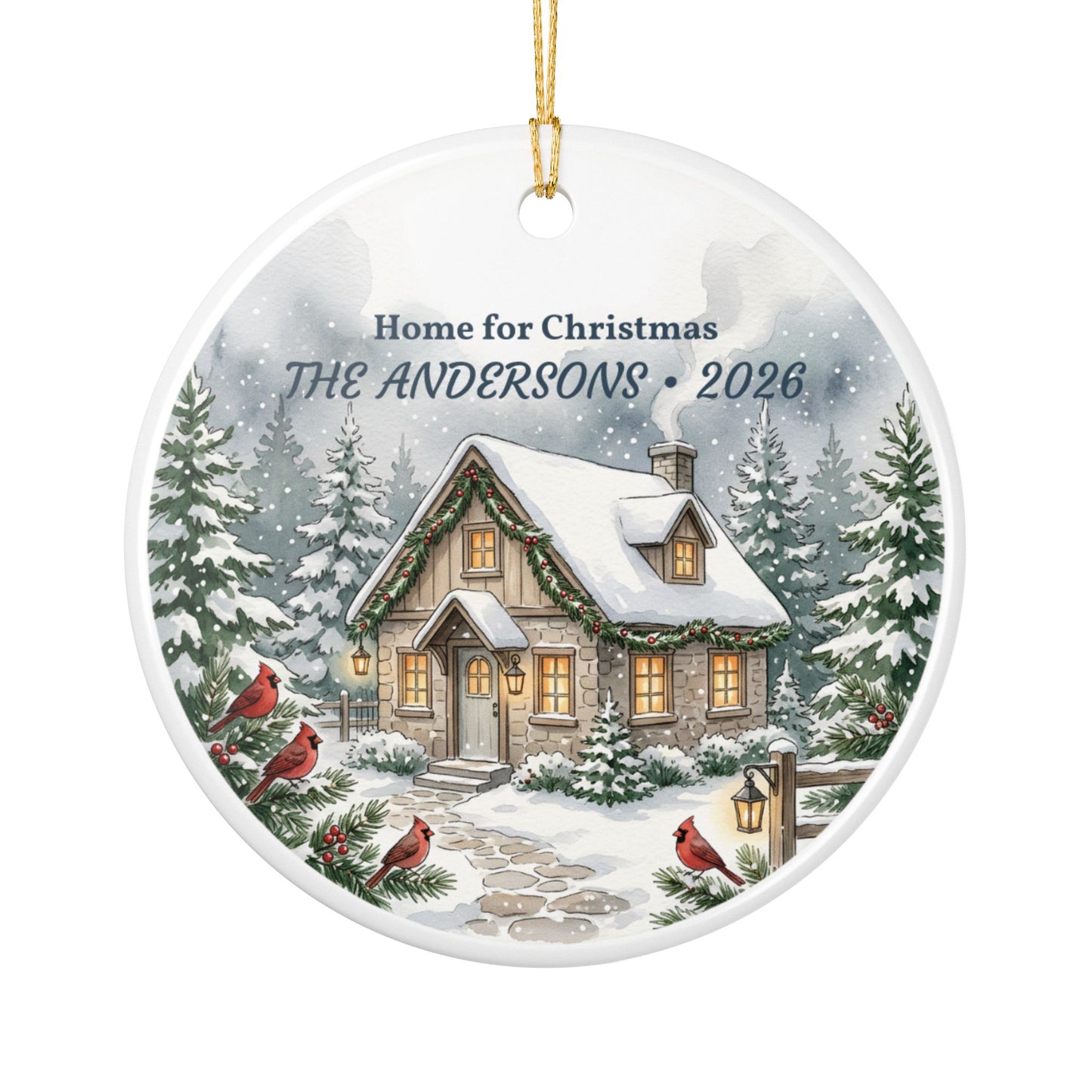 Personalized Ceramic Christmas Ornament - 'Home for Christmas' Snowy Cottage, Family Name & Year