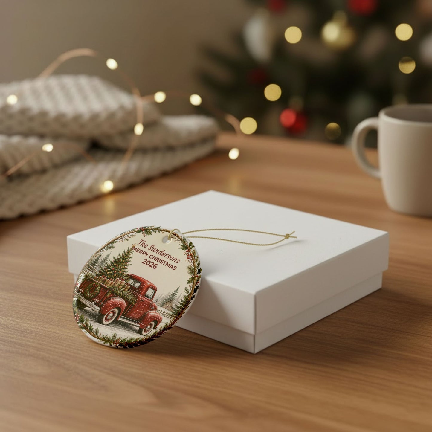 Personalized Ceramic Christmas Ornament — Vintage Red Truck "The Sandersons Merry Christmas"