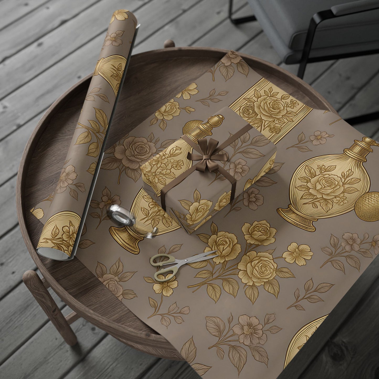 Vintage Perfume Bottle Wrapping Paper – Elegant Gold Floral Gift Wrap in Glossy or Matte
