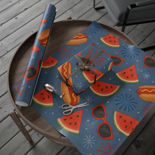 Summer BBQ Wrapping Paper – Watermelon, Hot Dogs & Fireworks on Blue