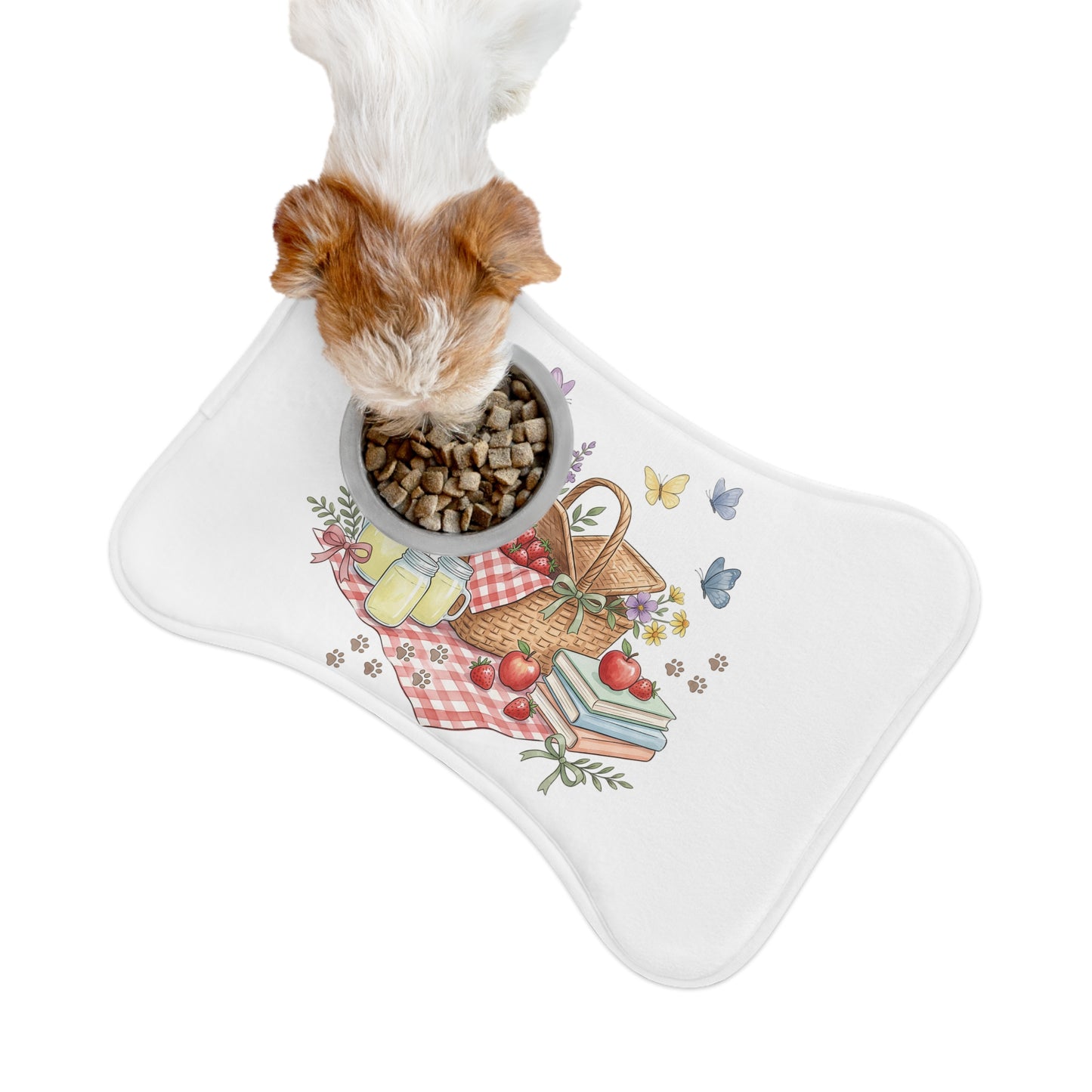 Picnic Basket Pet Feeding Mat — Cute Floral & Butterfly Dog Bowl Placemat