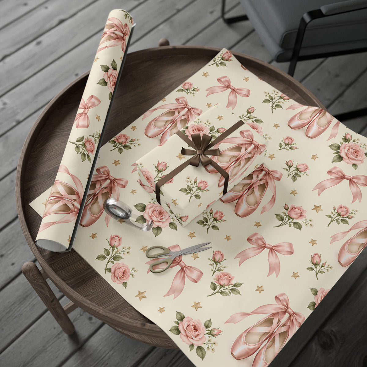 Vintage Ballet Floral Wrapping Paper Roll — Pink Shoes & Roses Gift Wrap