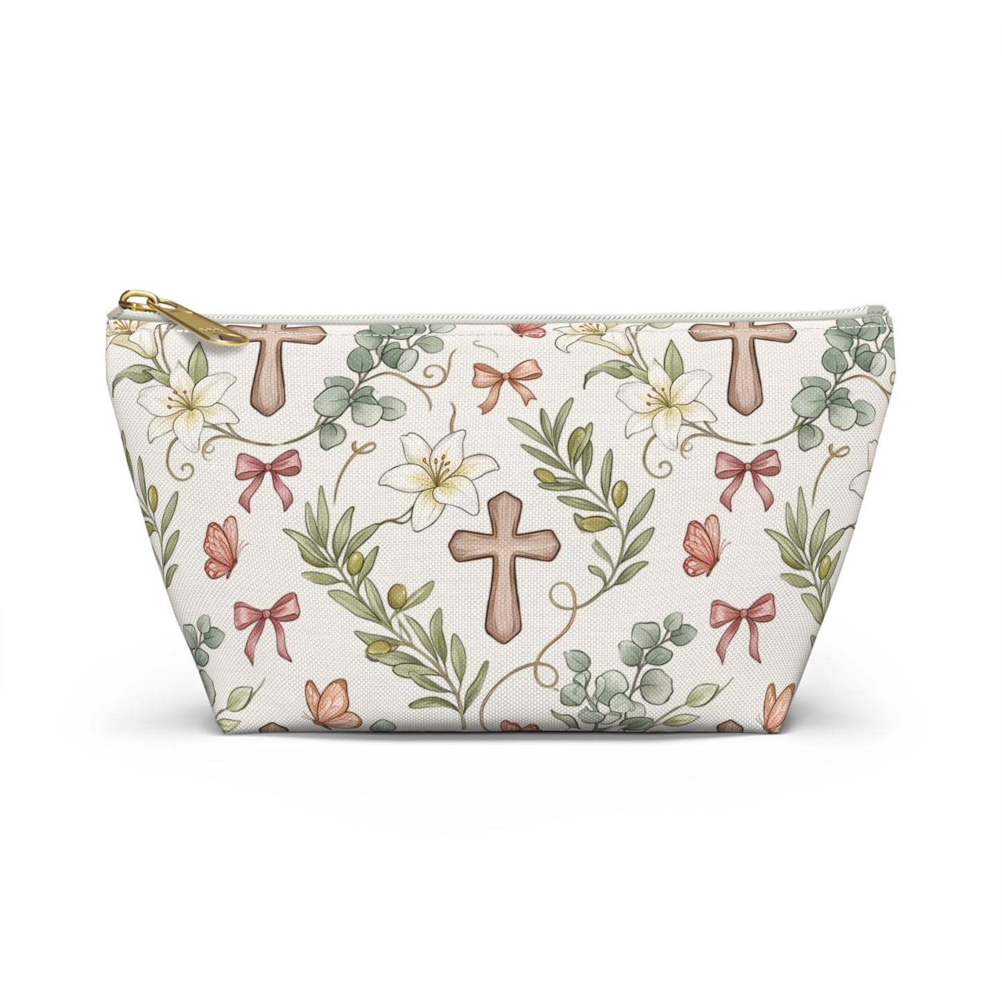 Floral Cross Accessory Pouch — T‑Bottom Makeup & Prayer Keepsake Bag