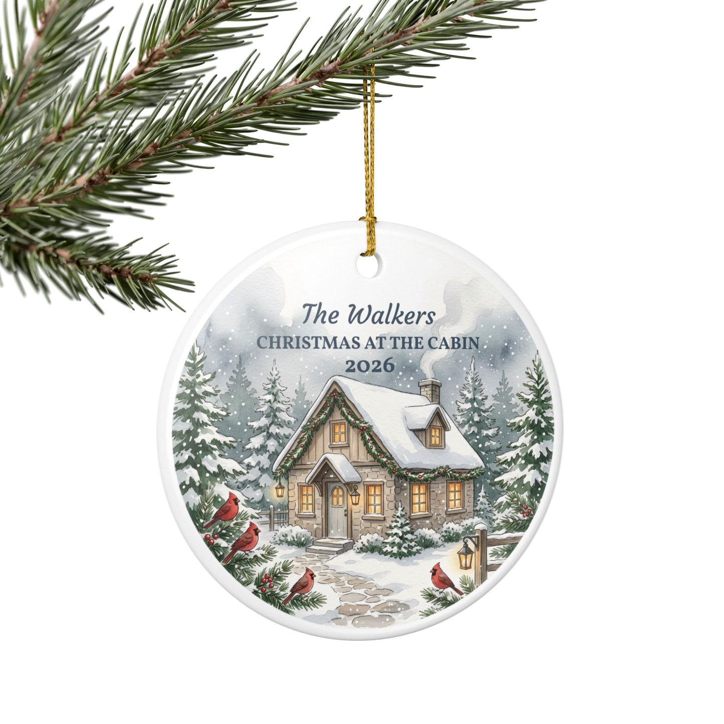 Personalized Ceramic Christmas Ornament – 'Christmas at the Cabin' Snowy Cottage (Custom Name & Year)