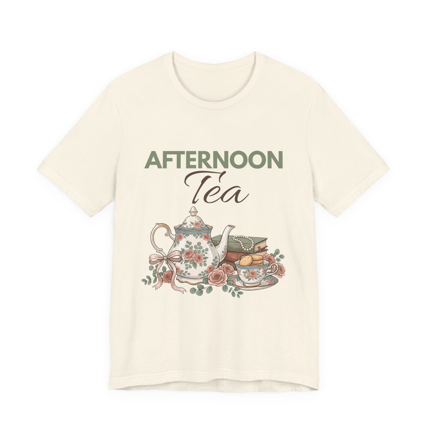 A natural colored t-shirt with 'AFTERNOON Tea' on the front.