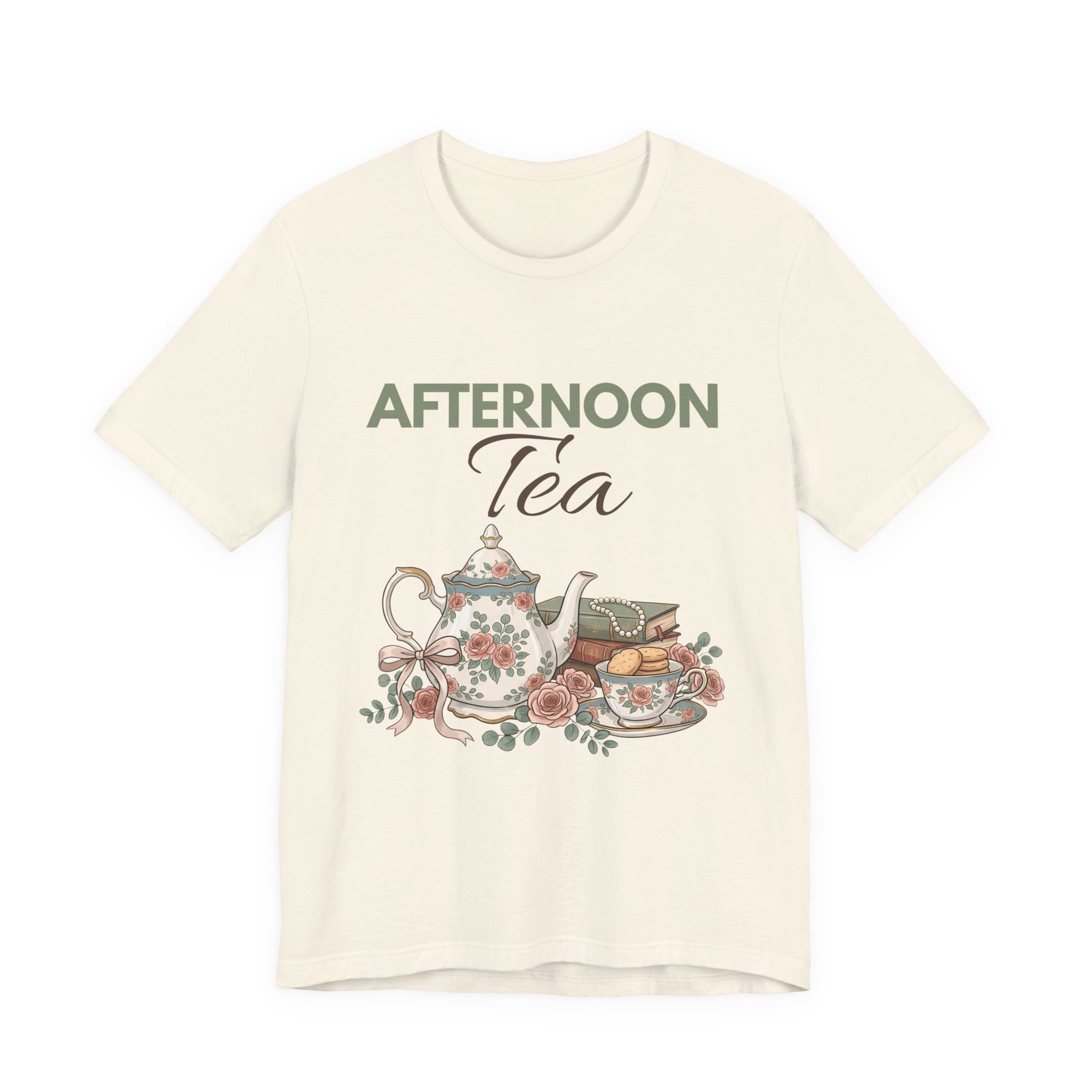 A natural colored t-shirt with 'AFTERNOON Tea' on the front.