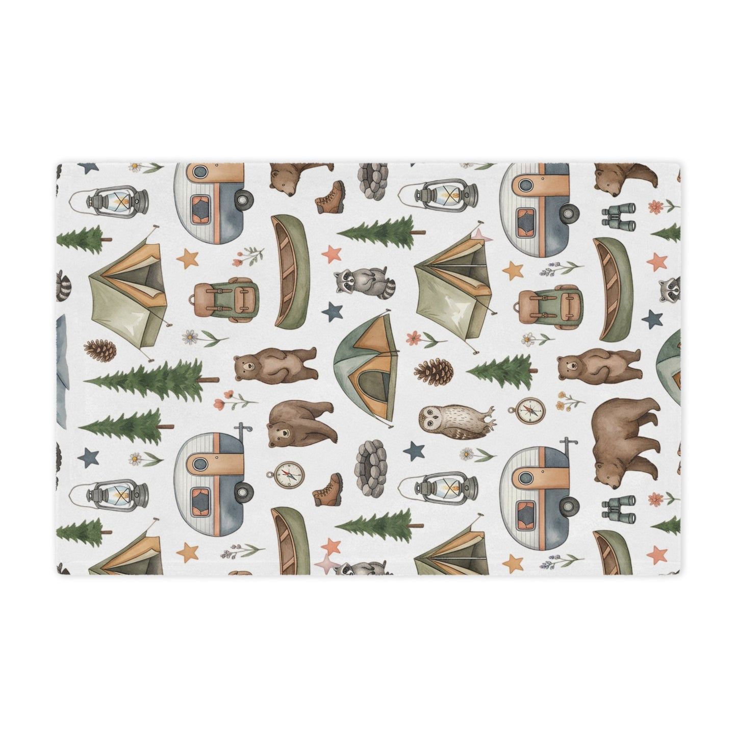 Camping Pattern Minky Blanket — Cozy Outdoor Adventure Throw with Tents, Campfire & Wildlife